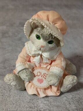 Cat Figurine Plush-Look Cat Statue in Pink Dress and Bonnet Calico Kittens